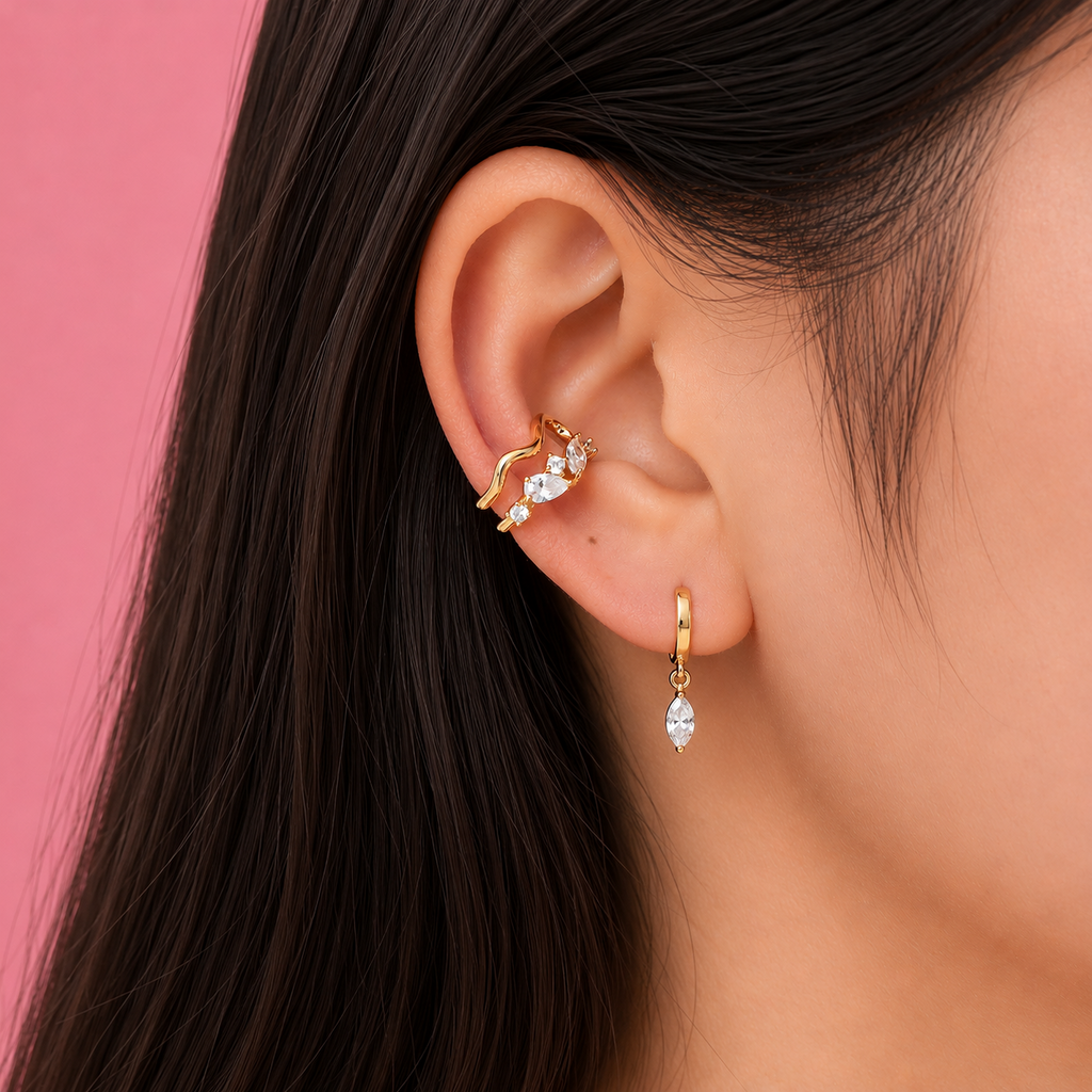 Crystal Wave Ear Cuff 14K vergoldet