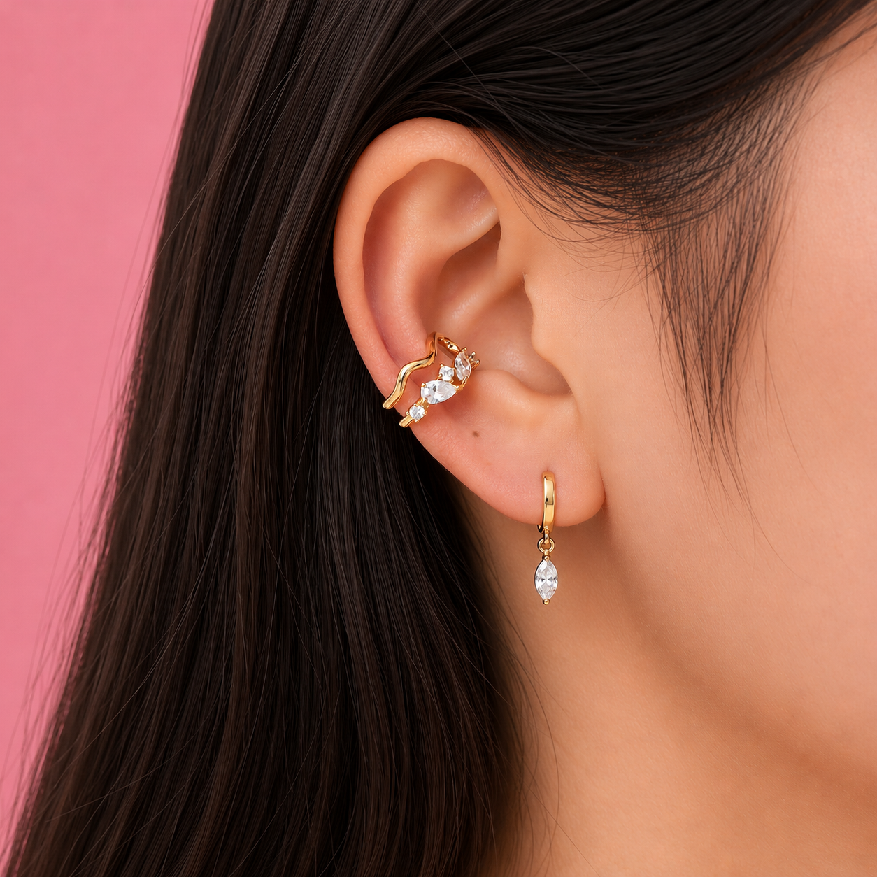 Crystal Wave Ear Cuff 14K vergoldet