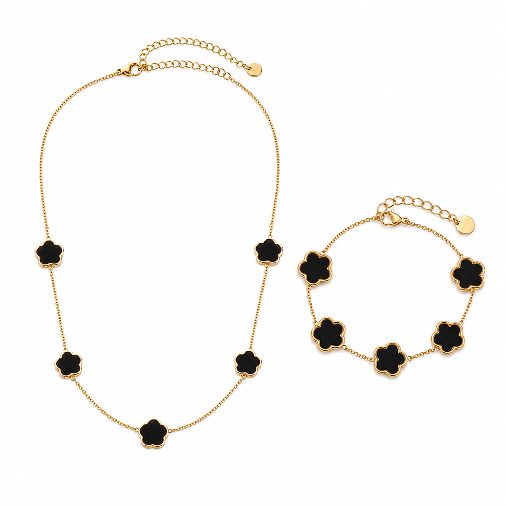 Lucky Clover Set (Schwarz) 14K vergoldet