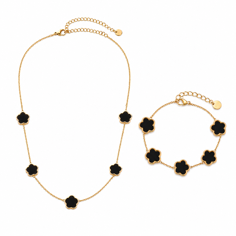 Lucky Clover Schmuckset (Schwarz) 14K vergoldet