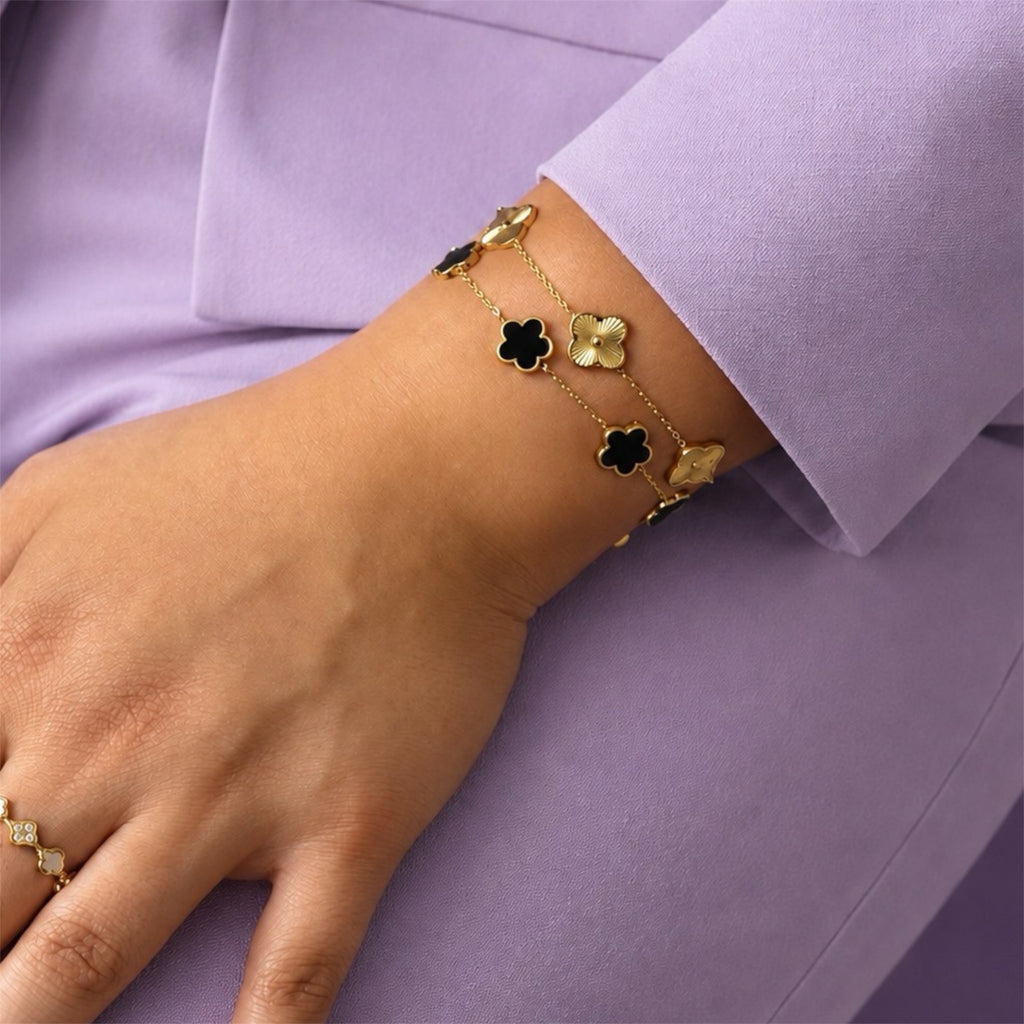 Lucky Clover Set (Schwarz) 14K vergoldet